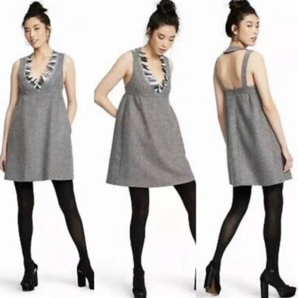 Anna Sui x Target Metallic Grey Boucle V-Neck Shift Mini Dress Medium NWT‎ Party